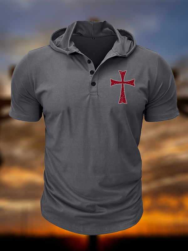 Knights Templar Crusader Cross Christian Hooded Henley T Shirt