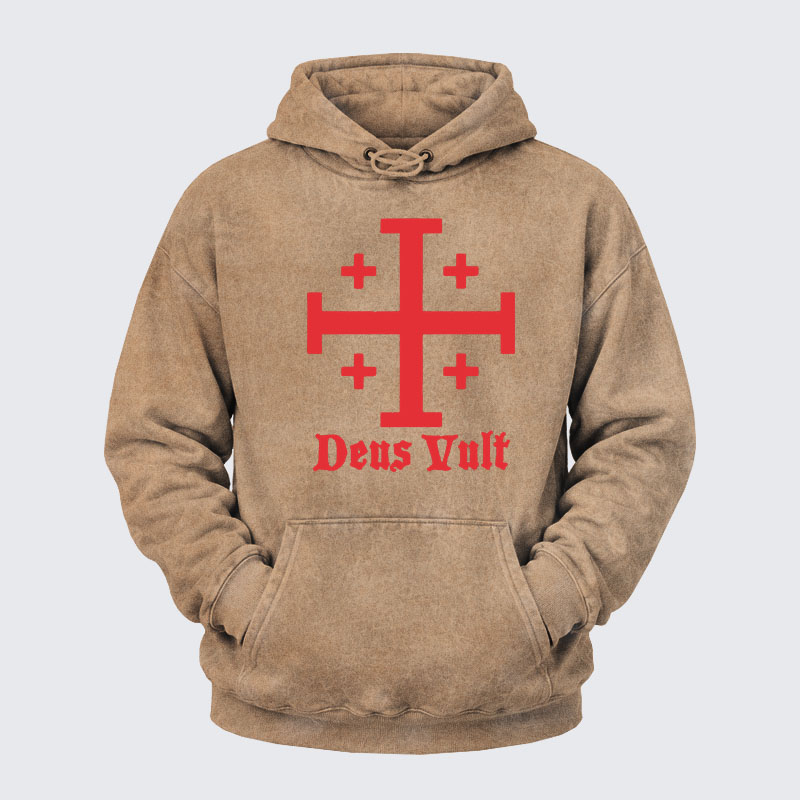 Washed Hoodie - Jerusalem Cross Deus Vult