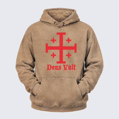 Washed Hoodie - Jerusalem Cross Deus Vult