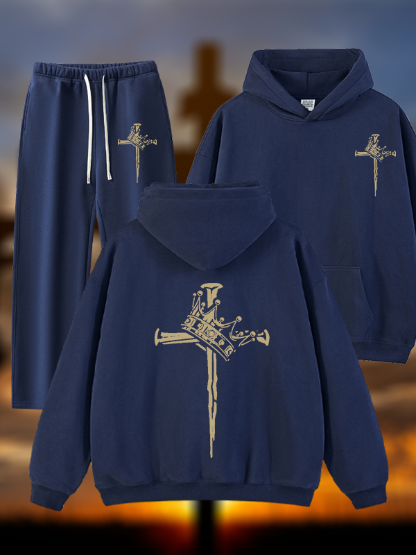 Cross Crown Jesus God Christian Plush Fleece-Lined Hoodie Set