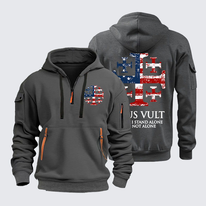 Zipper Hoodies -  Deus Vult Jerusalem Cross Usa Flag Even If I Stand Alone, I Am Not Alone