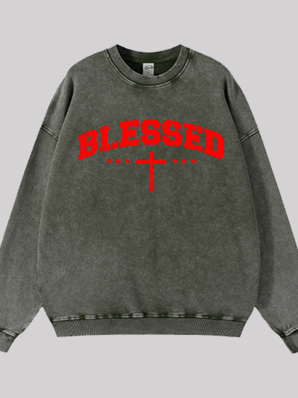 Blessed Cross  Jesus God Christian Washed Sweatshirt