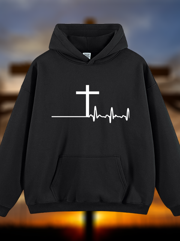 ECG Cross Jesus God Christian Plush Fleece-Lined Hoodie