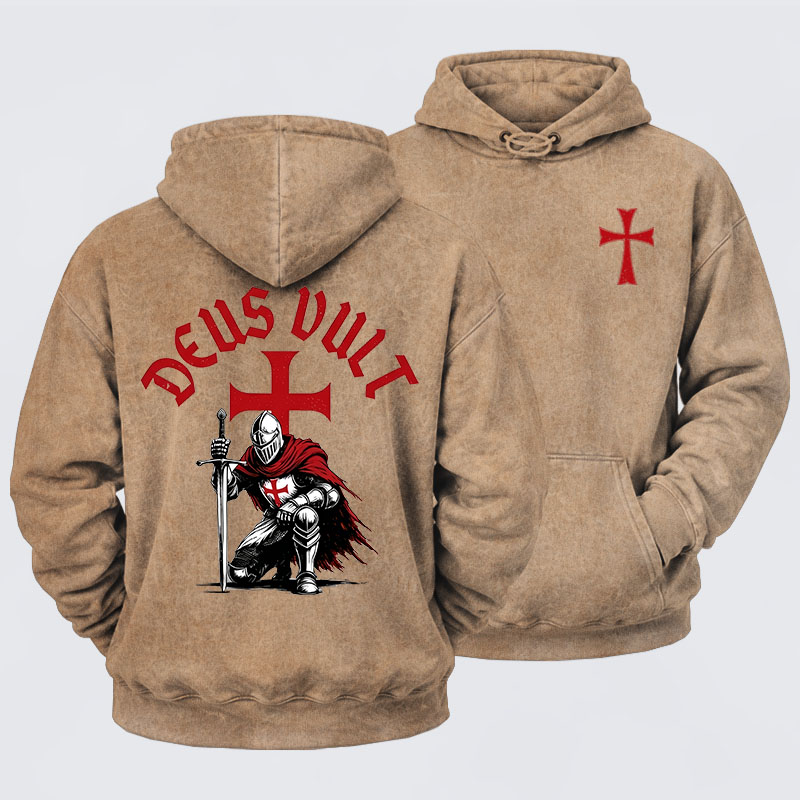 Washed Hoodie - Templar Knight Crusader Deus Vult