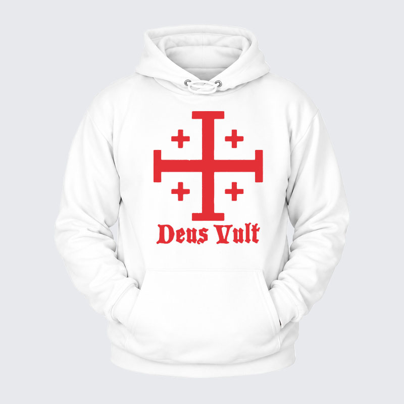 Plush Fleece-Lined Hoodie - Jerusalem Cross Deus Vult