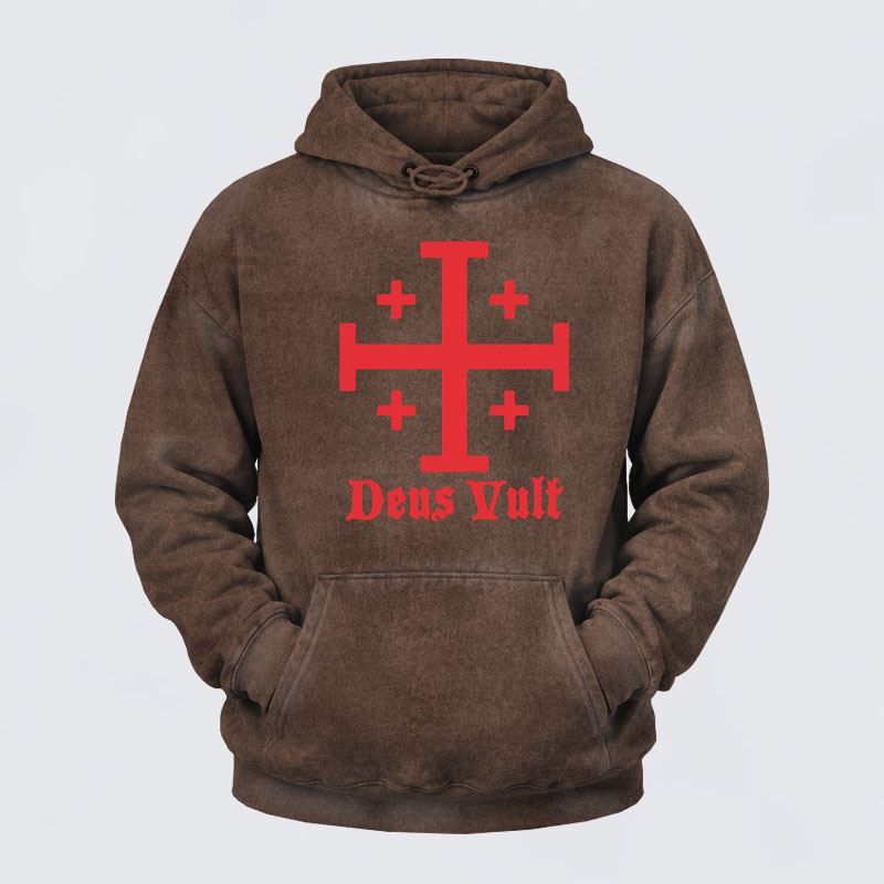 Washed Hoodie - Jerusalem Cross Deus Vult