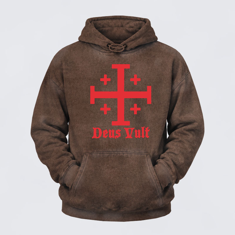 Washed Hoodie - Jerusalem Cross Deus Vult