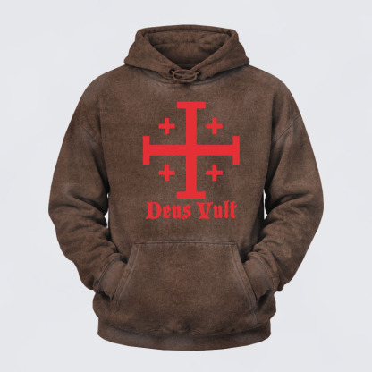 Washed Hoodie - Jerusalem Cross Deus Vult