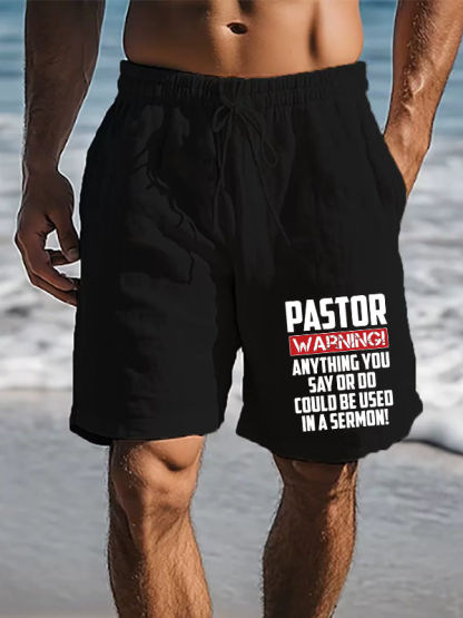 Men's Pastor Warning Anything You Say Or Do Could Be Used In A Sermon Christian Beach Shorts