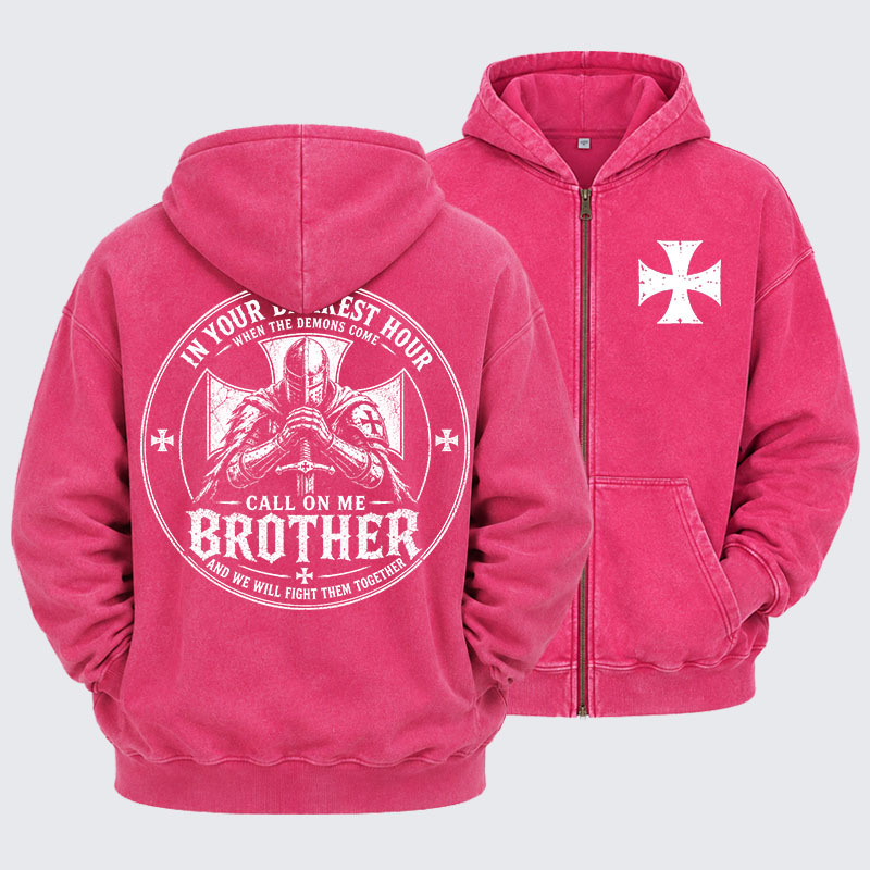 Washed Zip-Up Hoodie - Call On Me Brother – Knights of Faith