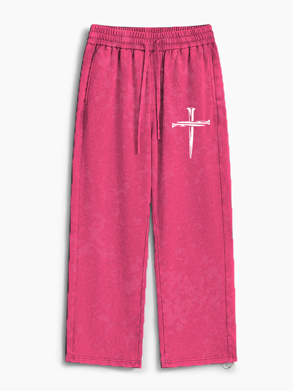 Cross Printed Jesus God Christian Washed Sweatpants