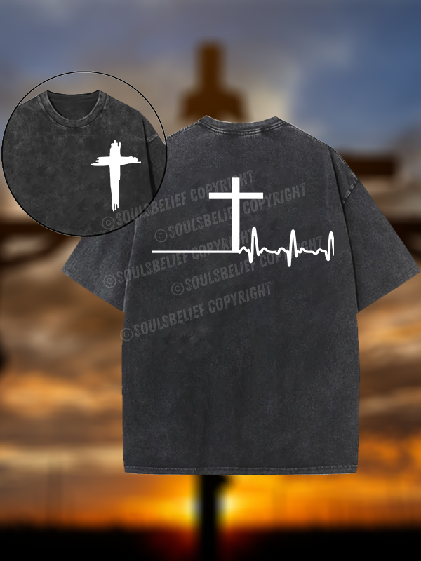 ECG Cross Christian Washed T-Shirt