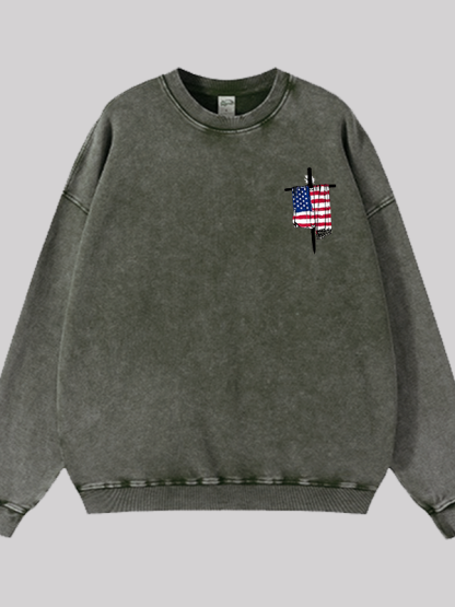 Faith Flag Cross Print  Jesus God Christian Washed Sweatshirt