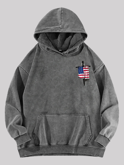 Faith Flag Cross Print  Jesus God Christian Washed Hoodie