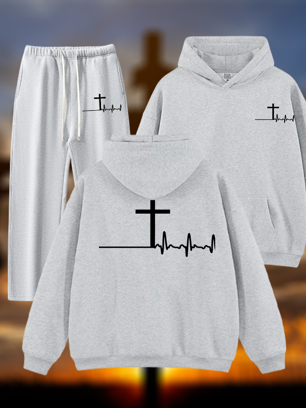 ECG Cross Jesus God Christian Plush Fleece-Lined Hoodie Set