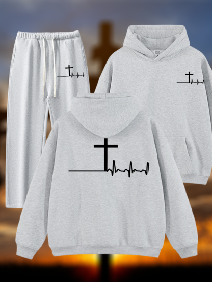 ECG Cross Jesus God Christian Plush Fleece-Lined Hoodie Set