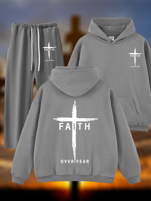 Faith Over Fear Cross Jesus God Christian Plush Fleece-Lined Hoodie Set