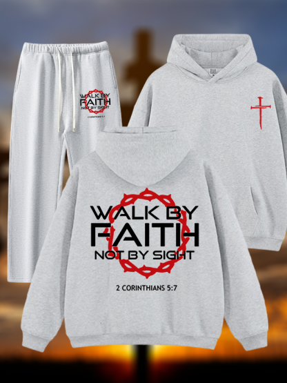 Walk By Faith Not By Sight 2 Corinthians 5:7 Cross  Jesus God Christian Plush Fleece-Lined Hoodie Set