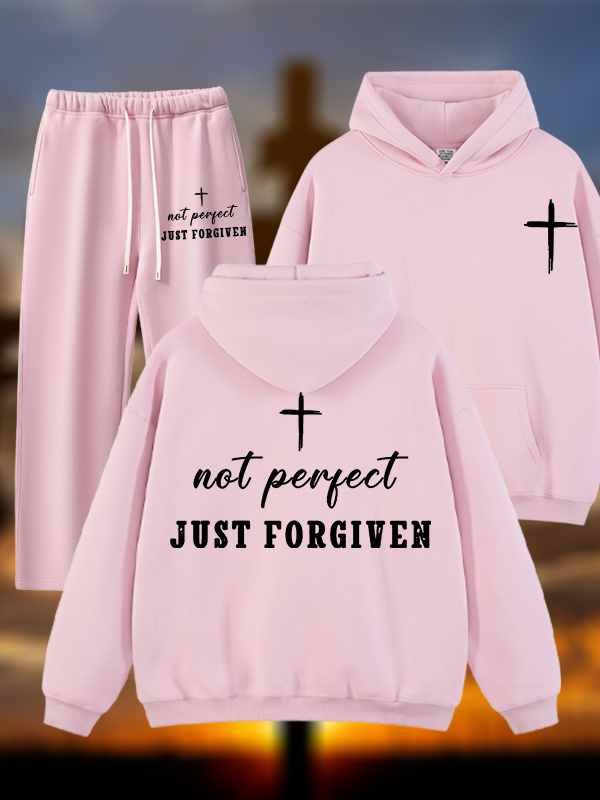 Not Perfect Just Forgiven Jesus God Christian Plush Fleece-Lined Hoodie Set