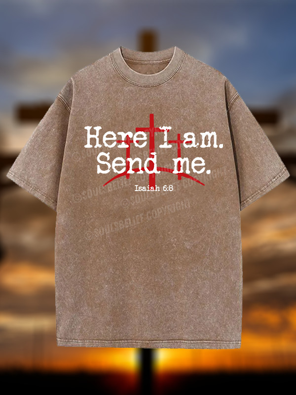 Here I Am Send Me - Bible Verse Isaiah 6:8 Christian Washed T-Shirt