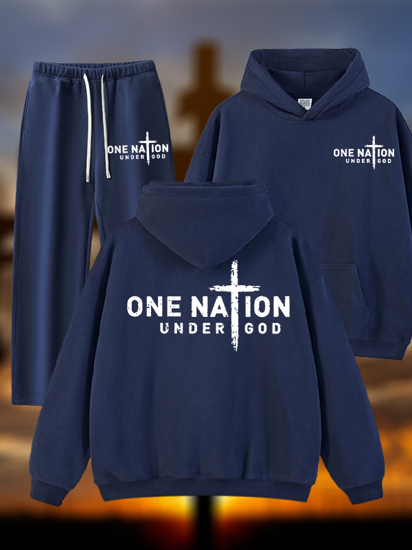 One Nation Under God Cross Jesus God Christian Plush Fleece-Lined Hoodie Set