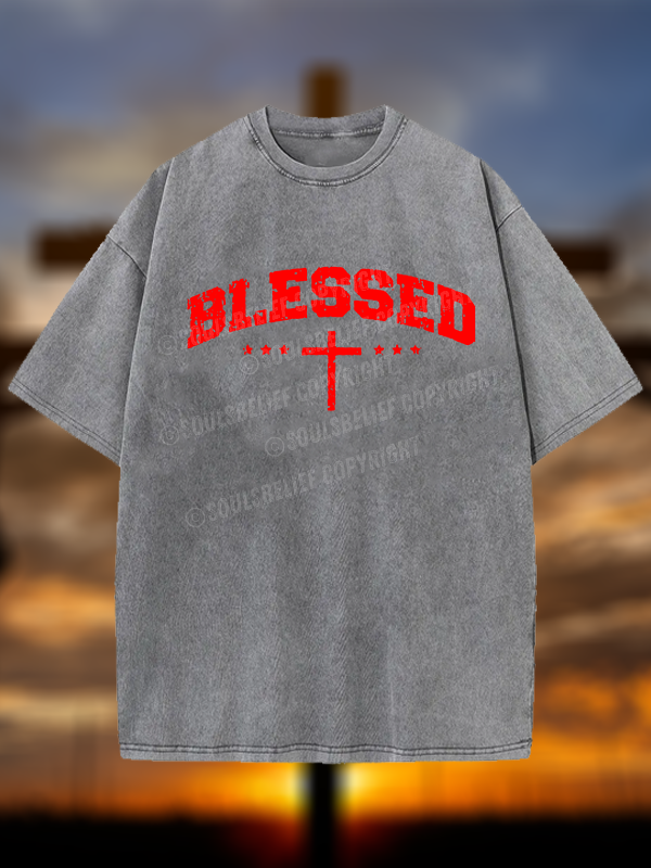 Blessed Cross  Christian Washed T-Shirt