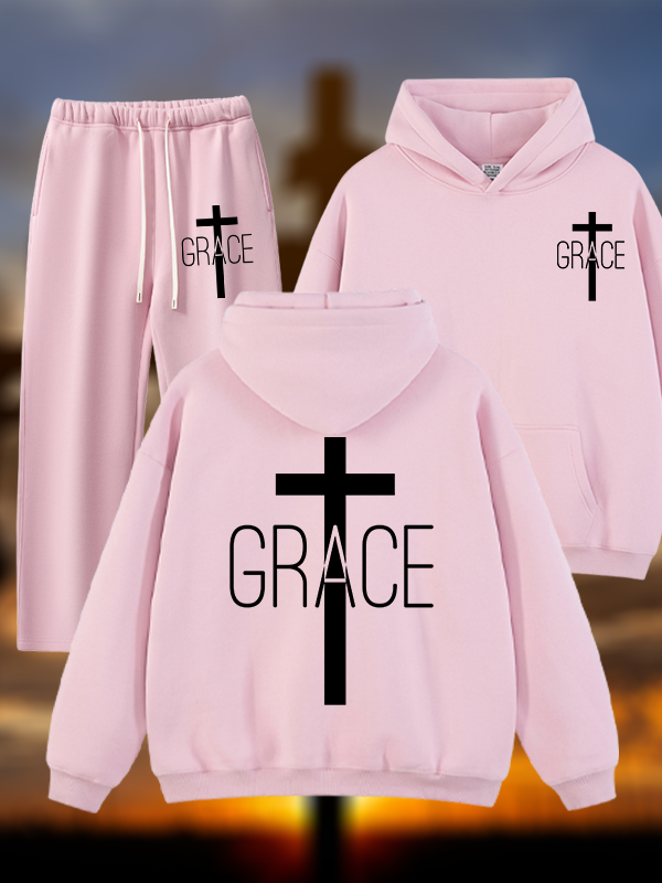 Grace Cross Jesus God Christian Plush Fleece-Lined Hoodie Set