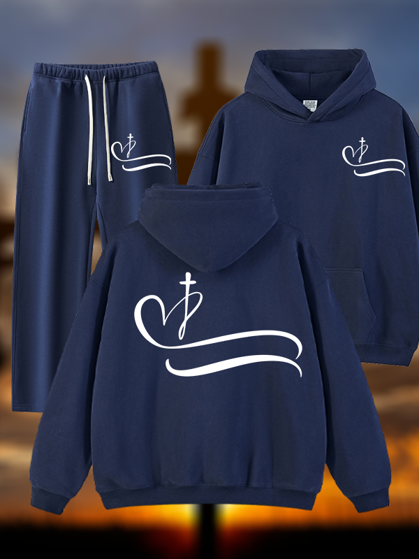 Heart Cross Jesus God Christian Plush Fleece-Lined Hoodie Set
