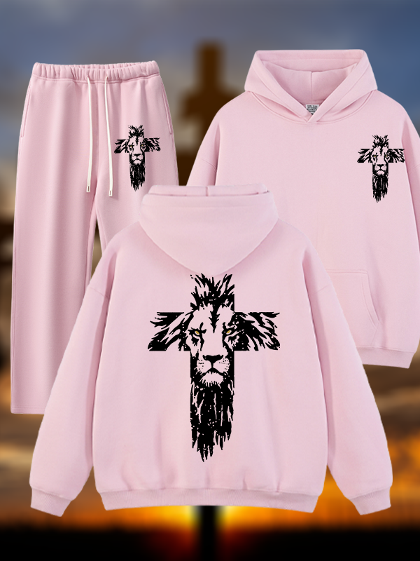 Lion Cross Jesus God Christian Plush Fleece-Lined Hoodie Set