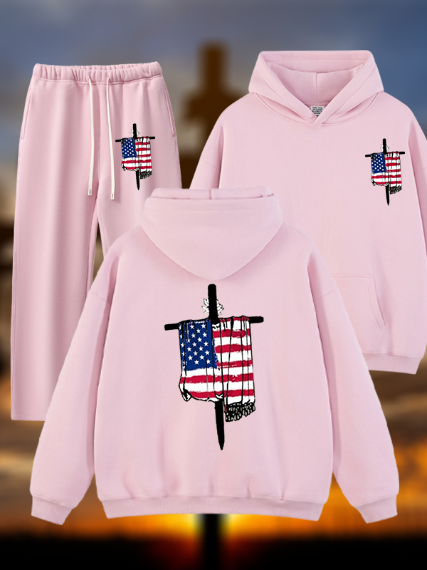 Faith Flag Cross Print Jesus God Christian Plush Fleece-Lined Hoodie Set