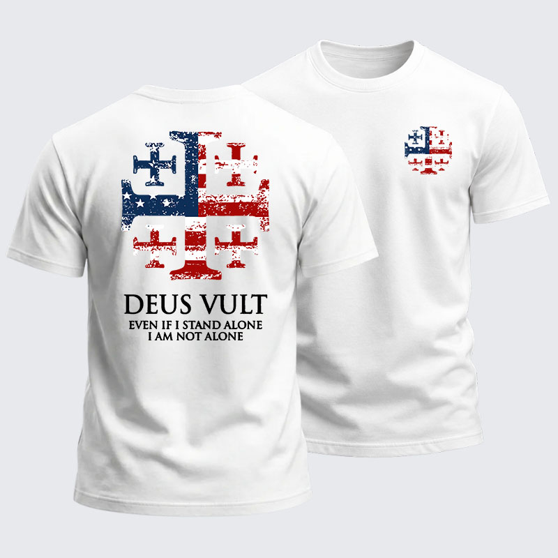 Heavyweight Cotton Tee -  Deus Vult Jerusalem Cross Usa Flag Even If I Stand Alone, I Am Not Alone