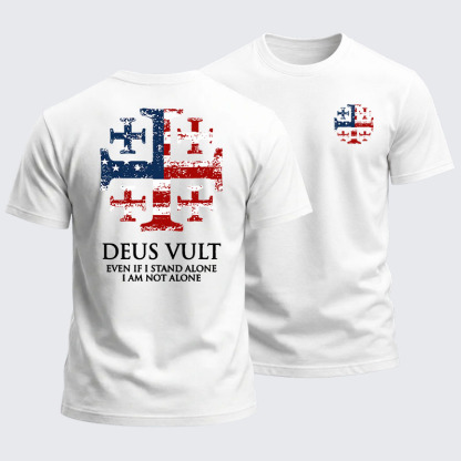 Heavyweight Cotton Tee -  Deus Vult Jerusalem Cross Usa Flag Even If I Stand Alone, I Am Not Alone