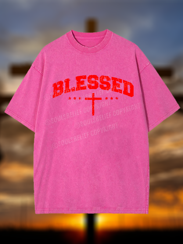 Blessed Cross  Christian Washed T-Shirt