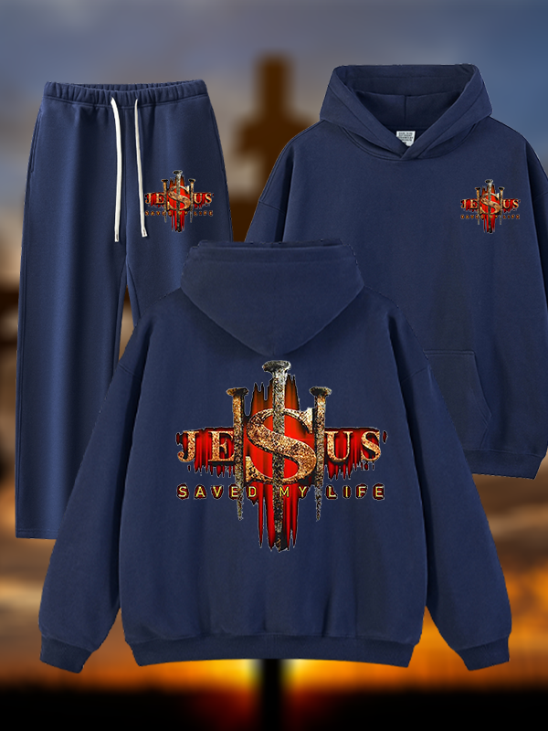 Jesus Saved My Life Jesus God Christian Plush Fleece-Lined Hoodie Set