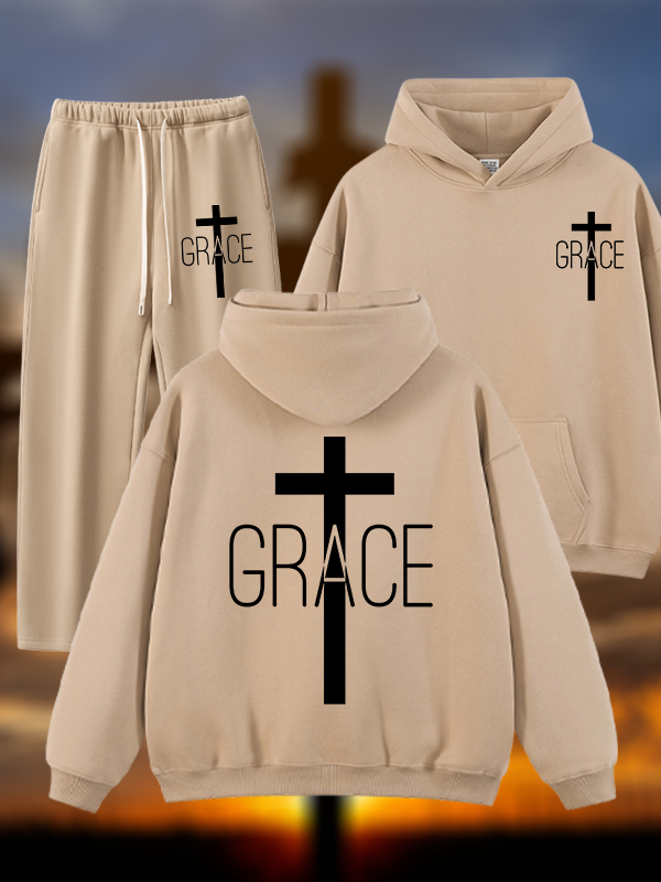 Grace Cross Jesus God Christian Plush Fleece-Lined Hoodie Set