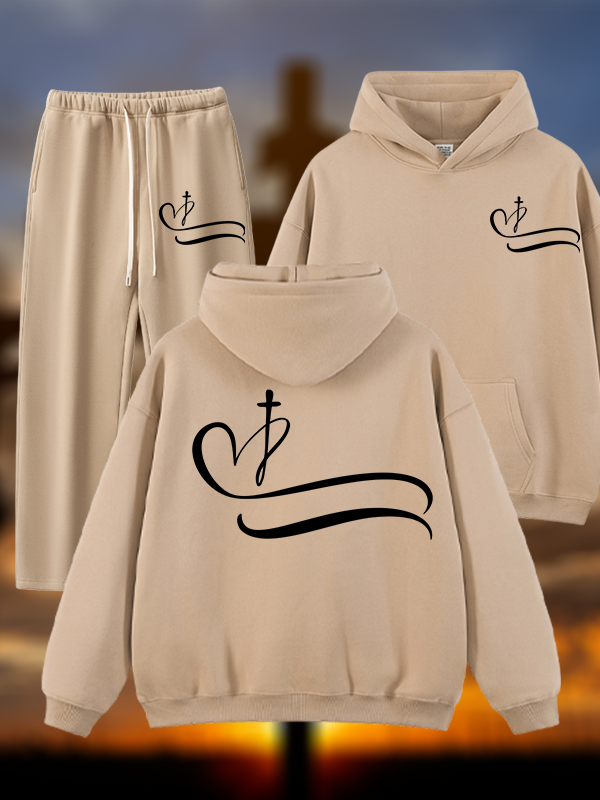 Heart Cross Jesus God Christian Plush Fleece-Lined Hoodie Set