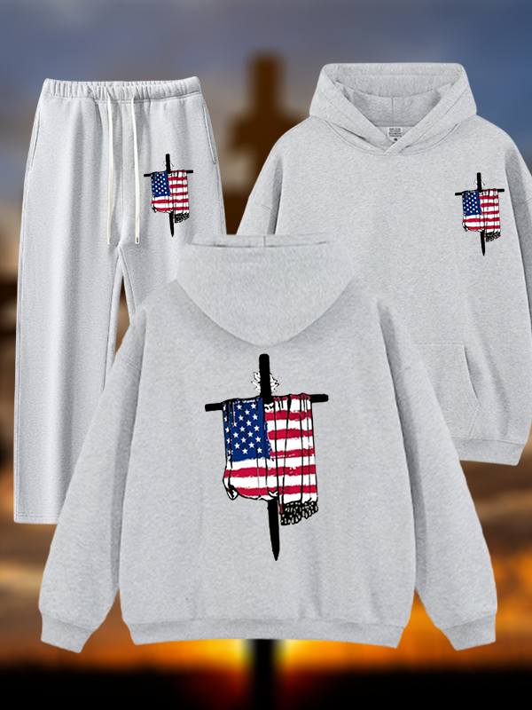Faith Flag Cross Print Jesus God Christian Plush Fleece-Lined Hoodie Set