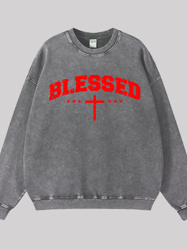 Blessed Cross  Jesus God Christian Washed Sweatshirt