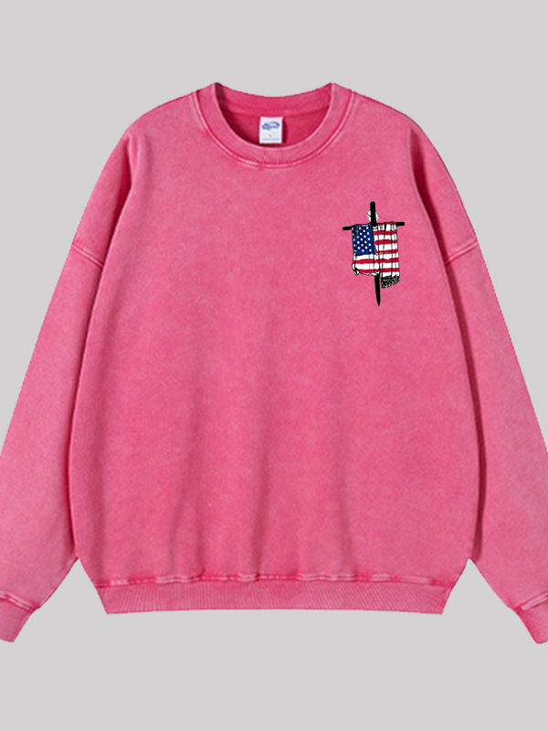 Faith Flag Cross Print  Jesus God Christian Washed Sweatshirt