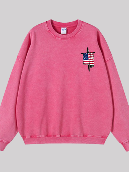 Faith Flag Cross Print  Jesus God Christian Washed Sweatshirt