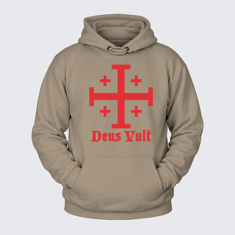Plush Fleece-Lined Hoodie - Jerusalem Cross Deus Vult