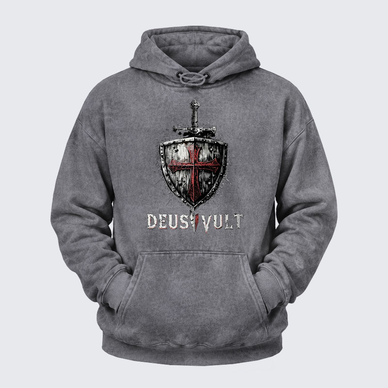 Washed Hoodie - Deus Vult Crusader Shield Templar Cross