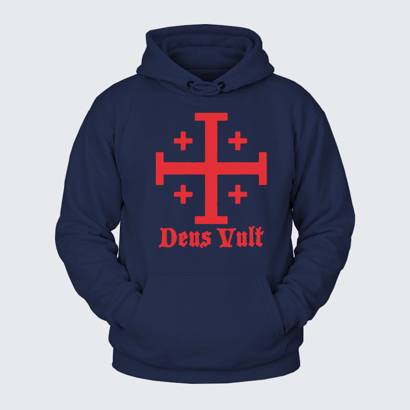 Plush Fleece-Lined Hoodie - Jerusalem Cross Deus Vult