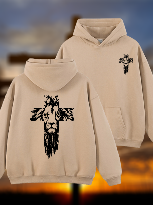 Lion Cross Jesus God Christian Plush Fleece-Lined Hoodie