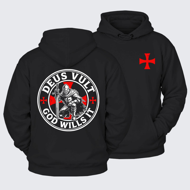 Plush Fleece-Lined Hoodie - Deus Vult Crusader Shield Templar Cross