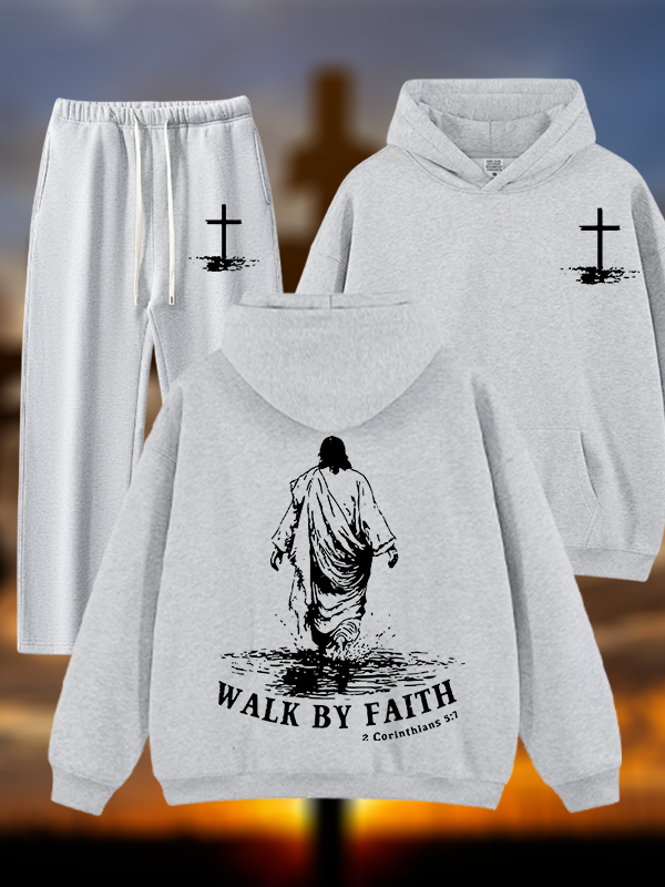 Walk by Faith Jesus God Christian Plush Fleece-Lined Hoodie Set