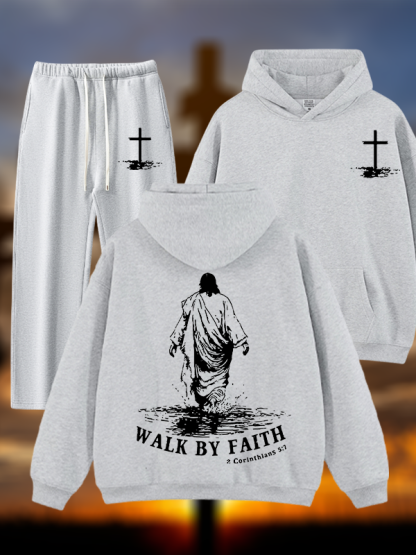 Walk by Faith Jesus God Christian Plush Fleece-Lined Hoodie Set