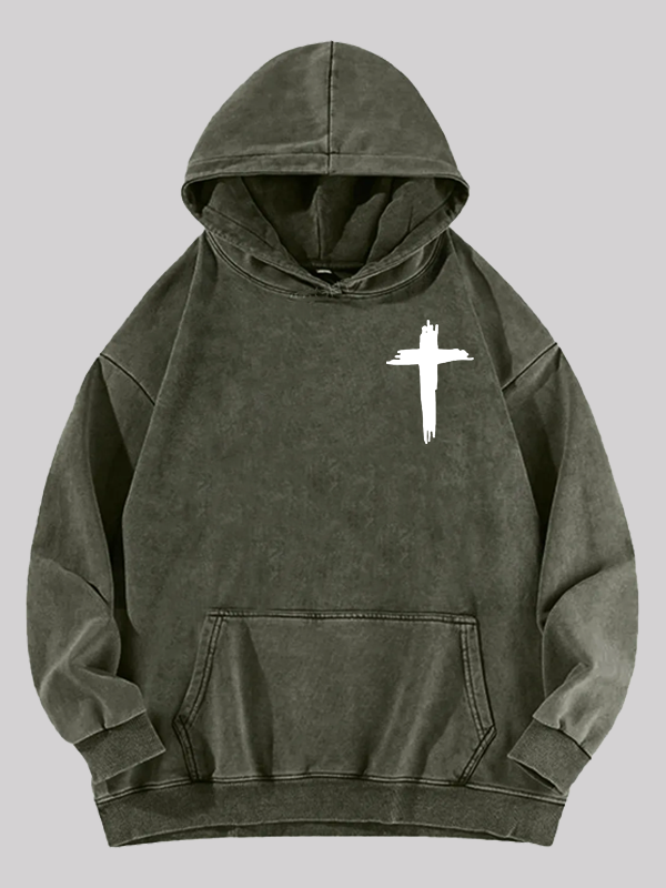 Cross Printed Washed Hoodie