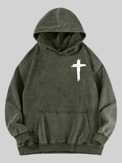 Cross Printed Washed Hoodie