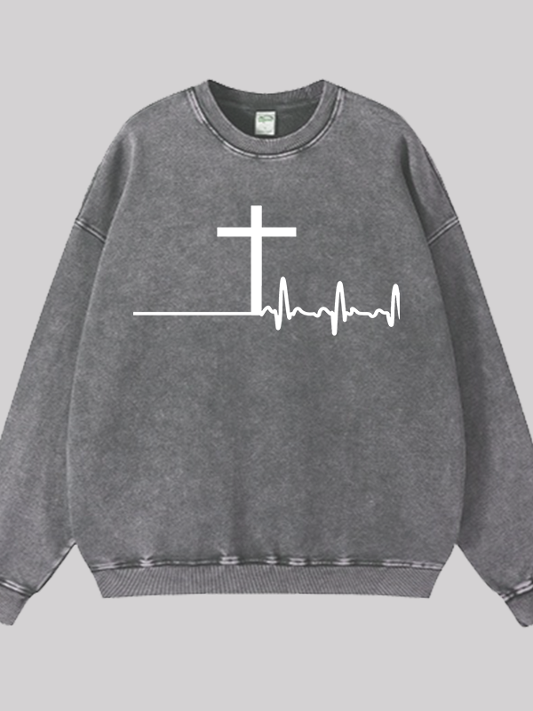 ECG Cross Jesus God Christian Washed Sweatshirt